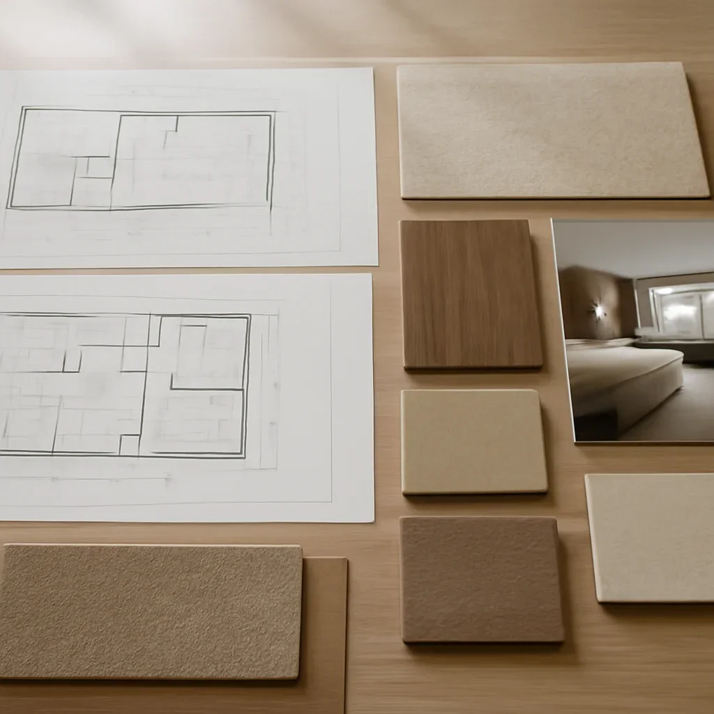 Hospitality plans, guestroom layouts and material selections prepared for a Vancouver project
