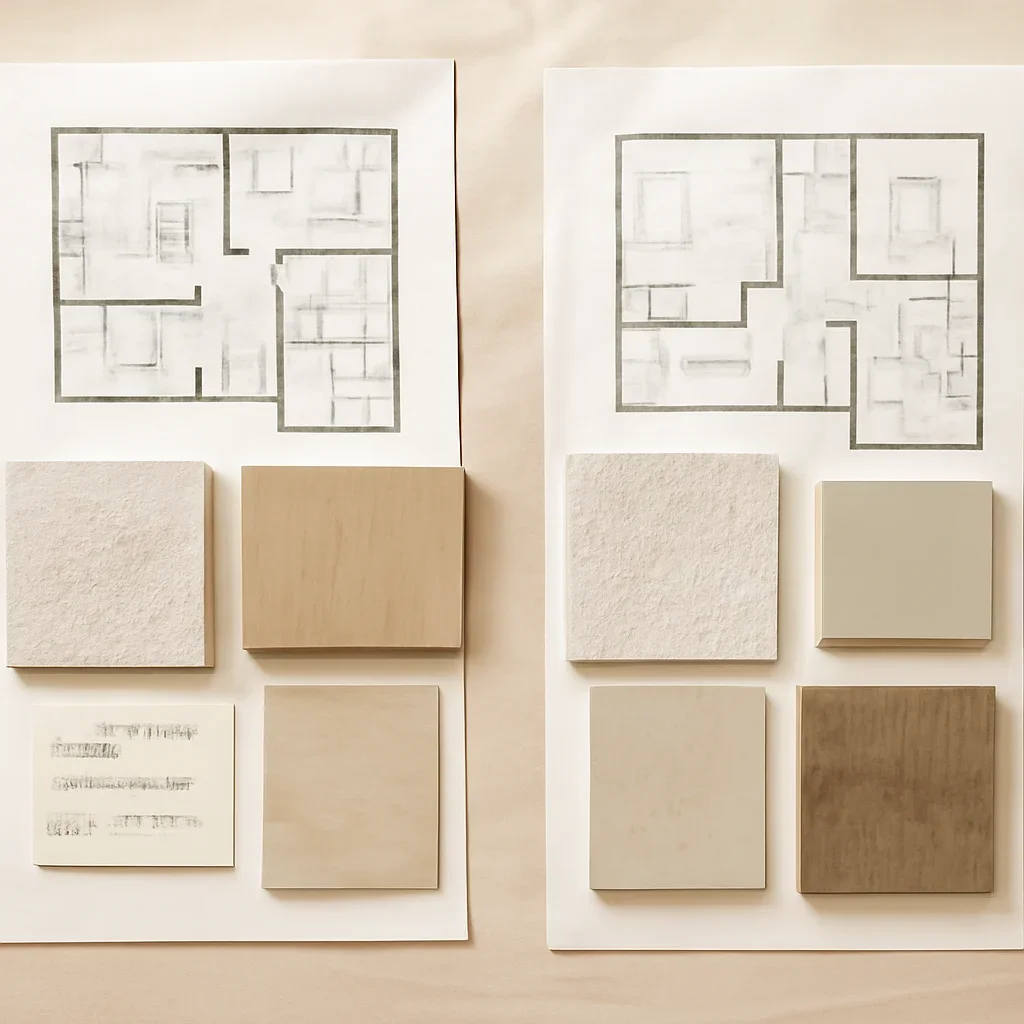 Plans and materials used to compare design options