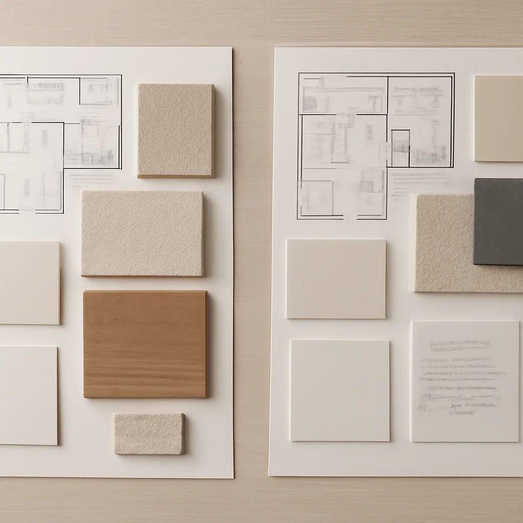 Plans and materials used to compare design options