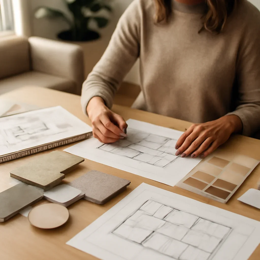 Designer reviewing multifamily suite layouts, finishes and development plans in Vancouver