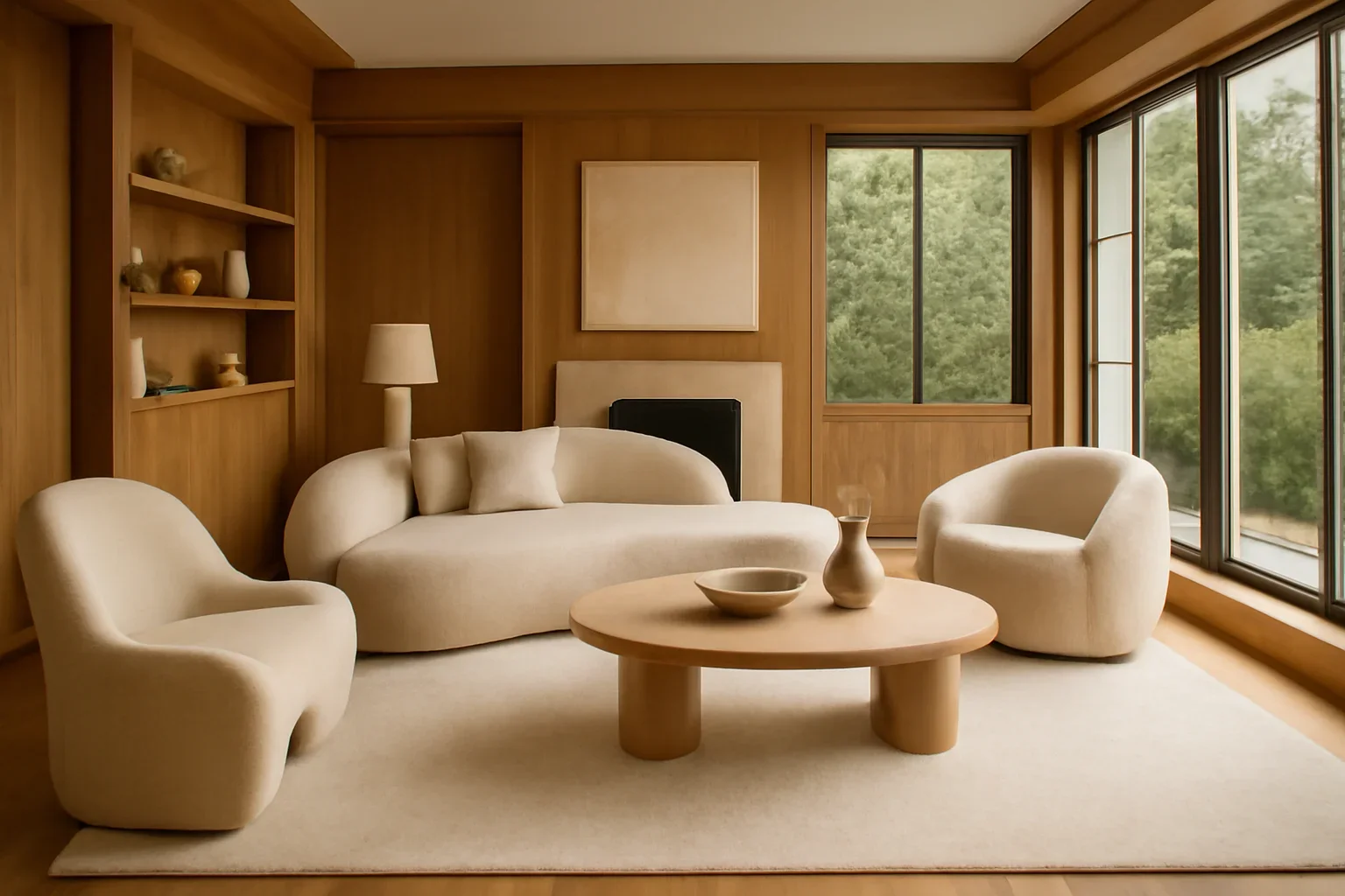 Layered Vancouver living room with warm wood and sculptural seating