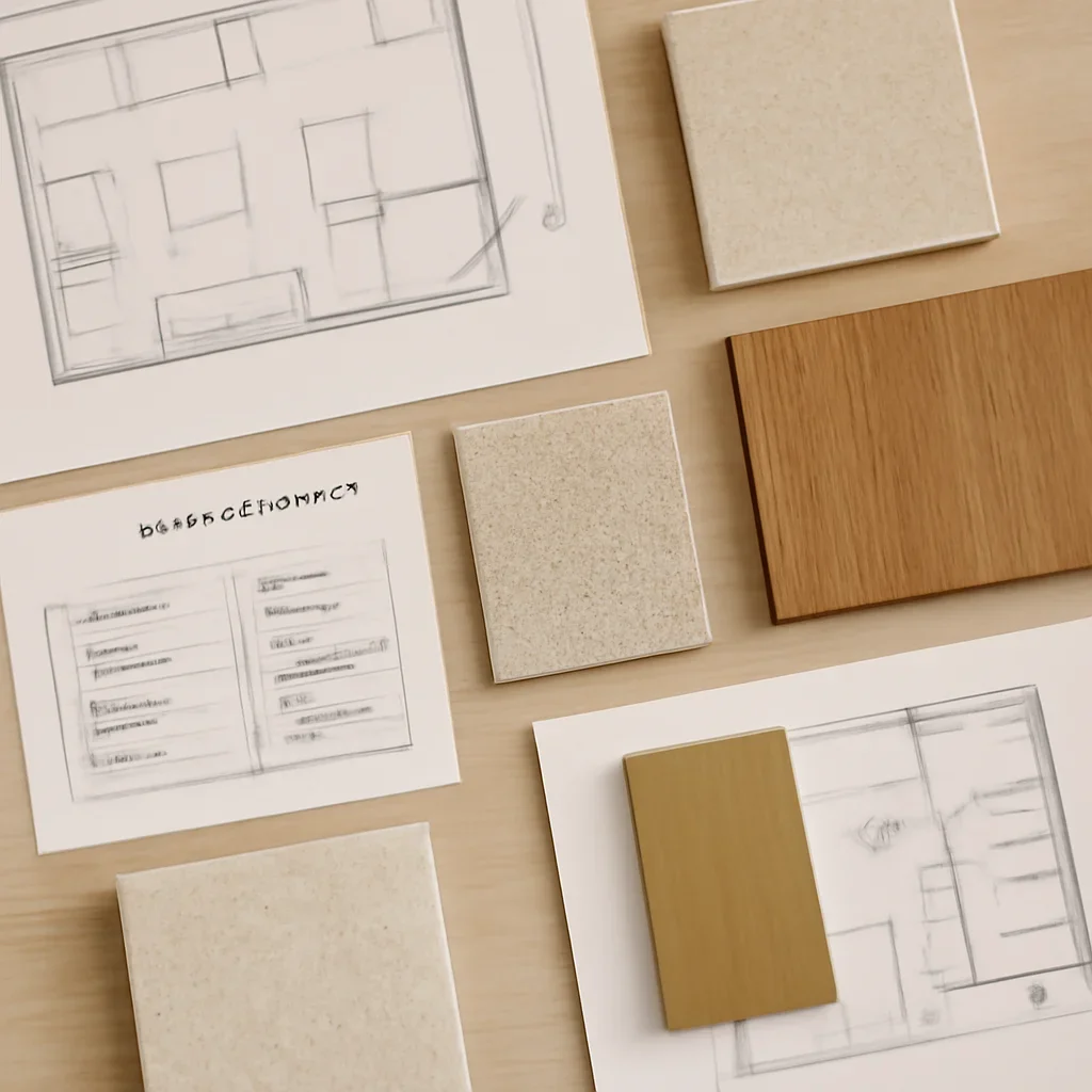 Interior design drawings, finishes and samples arranged for project coordination