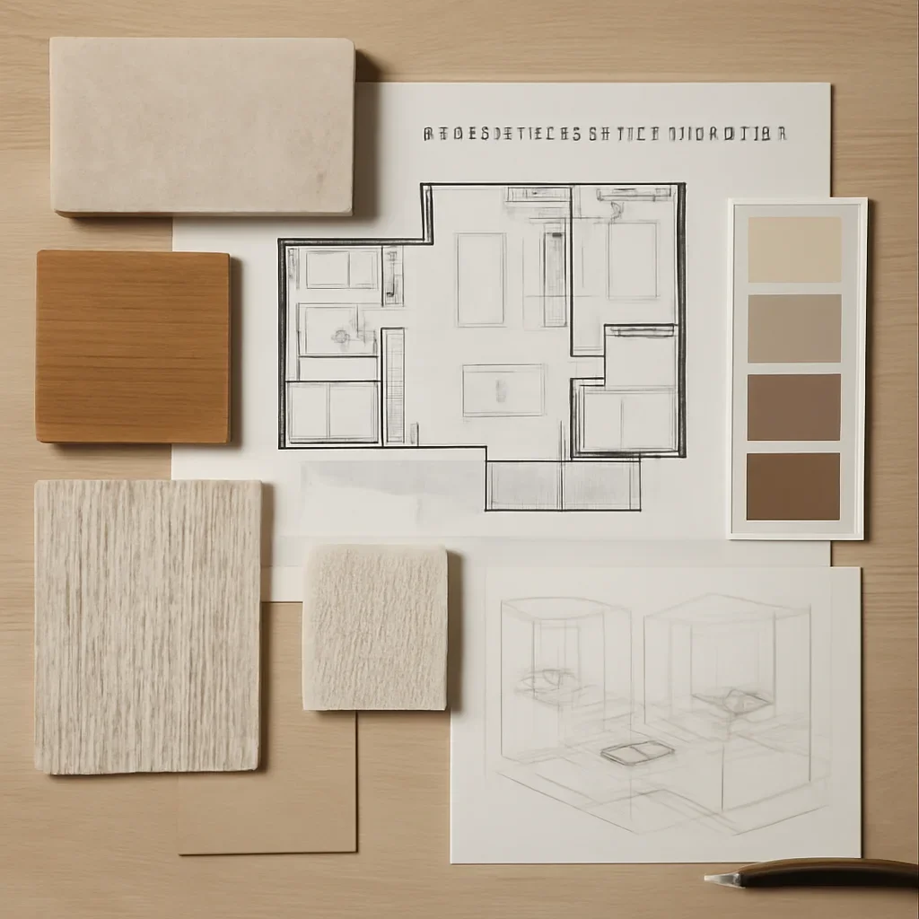 Design drawings and materials for vacation-home interior design in whistler